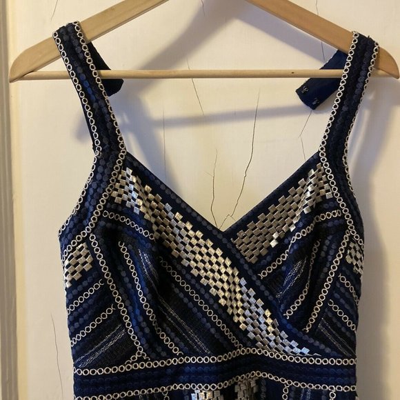 BCBG Metallic Navy Gold Handkerchief Dress Size 2 - Picture 4 of 10